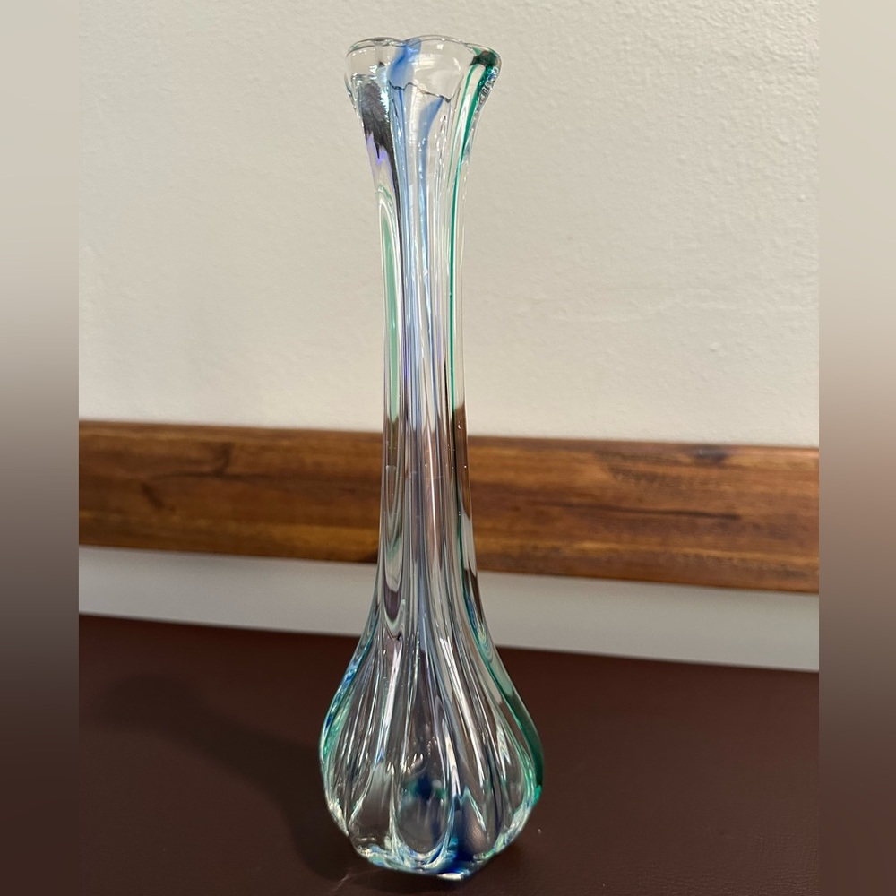 Vintage MCM Archimede Seguso Murano Blue Green & Clear Blown Glass Bud Vase